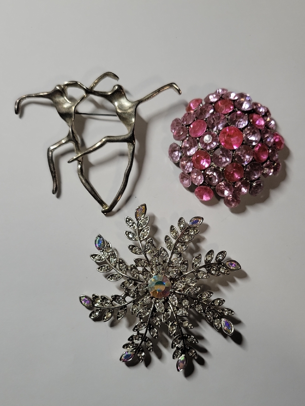 Silver Tone Snowflake Crystal Brooch with Aurora Center - Pink Cluster Accent